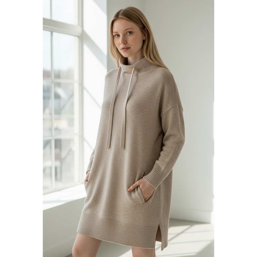 Talbots Cotton Camel Heather Funnel Neck Drawstring Sweater Dress Pockets Sz L